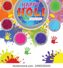 A captivating Holi banner designed for social media sharing, featuring a cheerful illustration of people dancing, singing, and throwing colorful powder in the air.