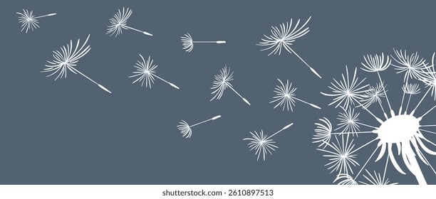A captivating horizontal background featuring the silhouette of a dandelion and its floating seeds against a dark backdrop, creating a striking contrast that enhances the sense of movement