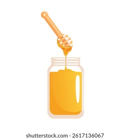 A captivating illustration depicting honey dripping from a wooden honey dipper into a glass jar. The golden liquid sparkles, showcasing its rich texture, perfect for conveying sweetness and nature s