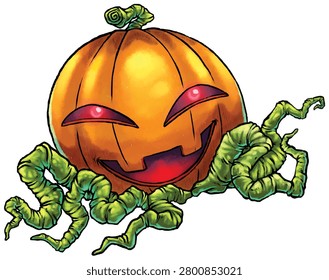 A captivating illustration of a Jack-O'-Lantern Octopus featuring a bright orange body, large expressive eyes, and graceful tentacles drifting through the deep sea. This tiny pelagic octopus is known for its striking pumpkin-like coloration and bioluminescent appearance, making it a fascinating subject for marine and wildlife artwork.