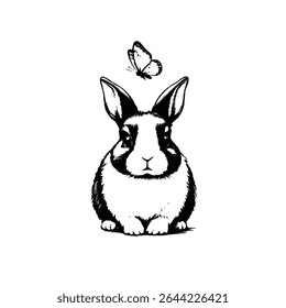 Uma ilustração cativante de um coelho, renderizado em um estilo preto e branco impressionante. 