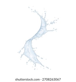 Uma ilustração cativante mostrando um respingo dinâmico de água, formando uma curva graciosa contra um pano de fundo branco limpo. O movimento fluido sugere pureza e vitalidade.