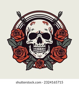 A captivating illustration of a skull head adorned with vibrant flowers and delicate leaves, symbolizing the beauty of life and death