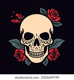 A captivating illustration of a skull head adorned with vibrant flowers and delicate leaves, symbolizing the beauty of life and death