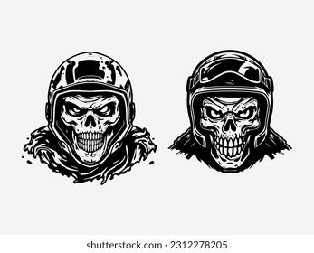 Captivating illustration of a skull zombie in a biker helmet, creating a striking logo design that embodies a blend of horror, adventure, and the thrill of the open road