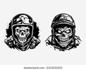 Captivating illustration of a skull zombie in a biker helmet, creating a striking logo design that embodies a blend of horror, adventure, and the thrill of the open road