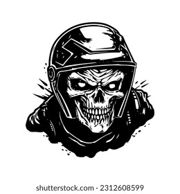 Captivating illustration of a skull zombie in a biker helmet, creating a striking logo design that embodies a blend of horror, adventure, and the thrill of the open road