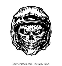 Captivating illustration of a skull zombie in a biker helmet, creating a striking logo design that embodies a blend of horror, adventure, and the thrill of the open road