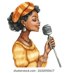 A captivating illustration of a woman singing. She wears an orange beret and a warm yellow sweater. The profile view highlights her expressive face and hand holding the microphone.