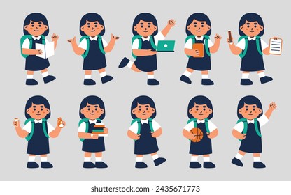 Captivating illustrations of a girl student in various school-related activities, perfect for educational materials