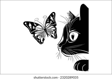 Captivating image of a cute cat mesmerized by a fluttering butterfly. Ideal for charming designs, commercial use in various projects.