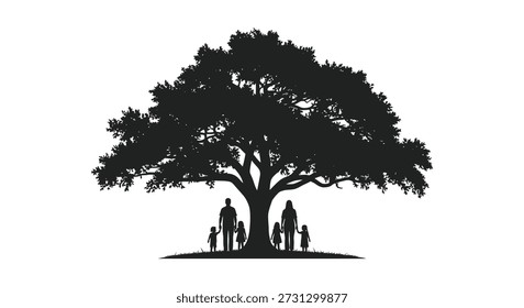 Una Imagen cautivadora que presenta una silueta negra y audaz de un árbol y una familia, mostrando un estilo de silueta distintivo.