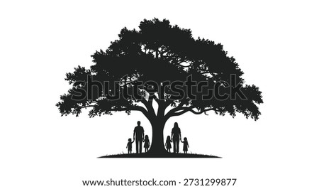 A captivating image featuring a bold, black silhouette of a tree and family, showcasing a distinctive silhouette style.