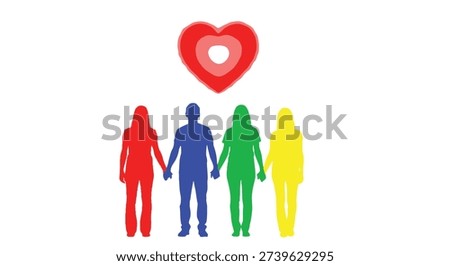 A captivating image featuring colorful figures and a heart, presented in a bold silhouette style.