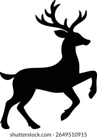Captivating image featuring a gracefully leaping reindeer, rendered in a striking black silhouette against a pristine white canvas. The deer is caught mid-leap, displaying elegant antlers.