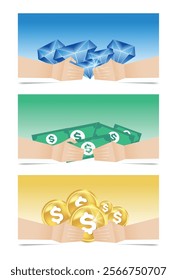 A captivating image of hands holding a variety of wealth symbols, including sparkling diamonds, stacks of cash, and golden coins. This visual representation symbolizes prosperity, success