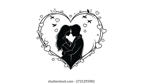 Una Imagen cautivadora que muestra a una pareja en un estilo detallado de silueta negra dentro de un diseño floral en forma de corazón.