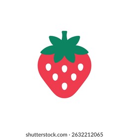 Imagem cativante mostrando um morango vetorial com um corpo vermelho vibrante, adornado com sementes brancas e coberto com folhas verdes exuberantes sobre um fundo branco.