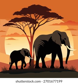 Uma imagem cativante de dois elefantes silhuetados contra um vibrante pôr do sol africano, evocando a beleza crua e o espírito indomado da savana. Uma cena verdadeiramente impressionante.