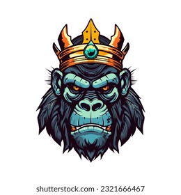 A captivating and imposing gorilla wearing a crown vector clip art illustration, with an intense gaze and a majestic presence, guaranteed to captivate attention and leave a lasting impression