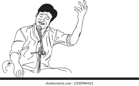 Captivating Indian Folk Singer Outline Drawing Illustration in Sitting Pose, Traditional Indian Folk Musician Outline Illustration of Singer Performing on Mic, Soulful Folk Music, Musical Heritage of 