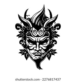 Captivating and intricate Hand drawn line art illustration of a Japanese mask, evoking a sense of mystery and traditional beauty