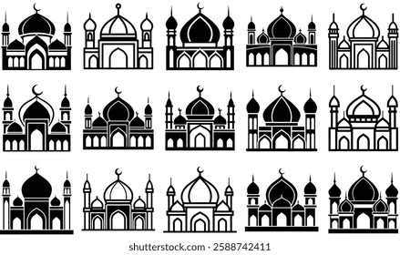 A captivating Islamic mosque outline featuring detailed geometric tessellations in domes and minarets. Balanced symmetry and flow make it perfect for branding, decor, and Islamic art.