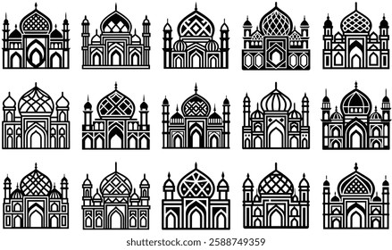 A captivating Islamic mosque outline featuring detailed geometric tessellations in domes and minarets. Balanced symmetry and flow make it perfect for branding, decor, and Islamic art.