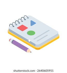A captivating isometric icon of creative sketchbook with pencil