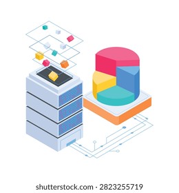 A captivating isometric illustration showing complex corporate database analysis and storage