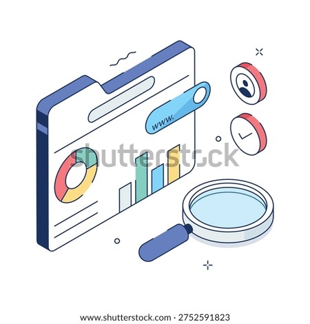 A captivating isometric illustration of web analytics in editable style