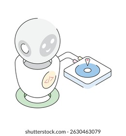 A captivating isometric outline icon of bot coding station