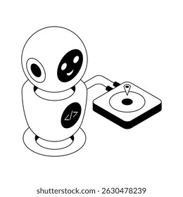 A captivating isometric outline icon of bot coding station