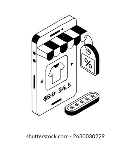 A captivating isometric outline icon of shopping app