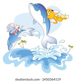 Animales de dibujos animados cautivadores de Kawaii - zorro, pollo, gato, elefante nadando con delfines, celebrando un feliz Festiva de verano en una hermosa playa - Ilustración vectorial aislada sobre un fondo blanco