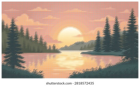 Captivating landscape featuring silhouettes of pine trees surrounding calm lake during golden hour sunset enhanced with creative halftone dot pattern art.