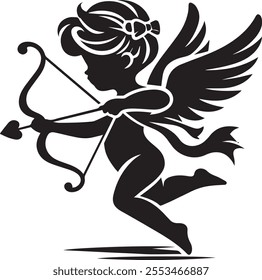 A captivating line art silhouette vector illustration design of Cupid drawing his bow, ready to shoot an arrow of love.