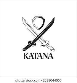 A captivating logo featuring two crossed katanas  with a shield at the center, representing valor and defense, ideal for a brand that embodies courage and resilience