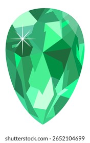Captivating low poly pear shaped green gemstone reflecting light with a stunning star shape, creating a dazzling effect against a clean white background