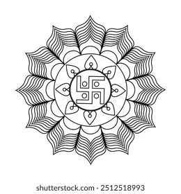 Un mandala cautivador con el auspicioso símbolo hindú de la esvástica rodeado de intrincados patrones florales. 