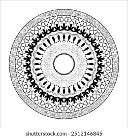  A captivating mandala featuring a circular pattern with intricate leaf-like details. The black and white design creates a versatile and visually striking piece. 