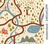 A captivating map seamless vector showing countryside outdoor scenes including forests, mountains, roads, and farm. Hand drawn in artistic flat style colored in modern hues. Nice decor for kid rooms