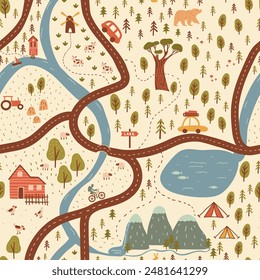 A captivating map seamless vector showing countryside outdoor scenes including forests, mountains, roads, and farm. Hand drawn in artistic flat style colored in modern hues. Nice decor for kid rooms