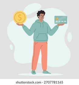 A captivating, minimalist vector illustration of a diverse person effortlessly balancing a large coin and a credit card, symbolizing modern financial equilibrium, smart investment strategies, and the 