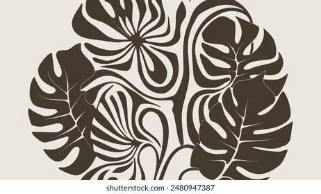 captivating modern vector illustration showcases an organic abstract floral pattern, meticulously crafted with a harmonious blendof leaf and flower shapes.