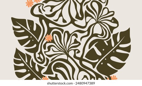 captivating modern vector illustration showcases an organic abstract floral pattern, meticulously crafted with a harmonious blendof leaf and flower shapes.