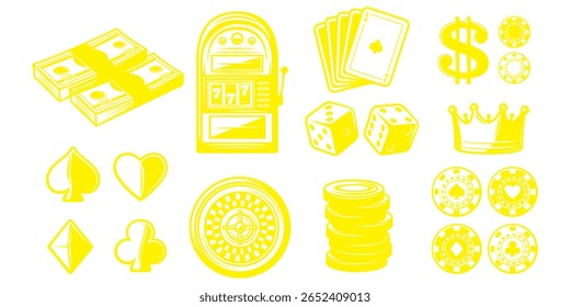 Uma ilustração monocromática cativante de elementos de cassino, incluindo uma slot machine, cartões, dados, fichas, dinheiro e uma coroa, evoca um senso de jogo de alto risco e luxo opulento.