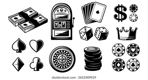 Uma ilustração monocromática cativante de elementos de cassino, incluindo uma slot machine, cartões, dados, fichas, dinheiro e uma coroa, evoca um senso de jogo de alto risco e luxo opulento.