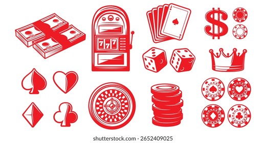 Uma ilustração monocromática cativante de elementos de cassino, incluindo uma slot machine, cartões, dados, fichas, dinheiro e uma coroa, evoca um senso de jogo de alto risco e luxo opulento.
