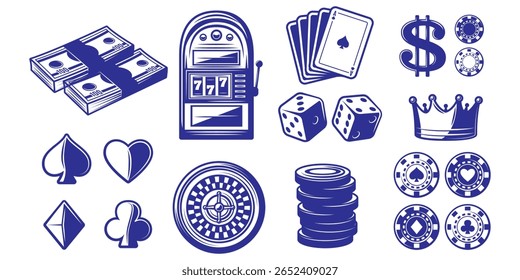 Uma ilustração monocromática cativante de elementos de cassino, incluindo uma slot machine, cartões, dados, fichas, dinheiro e uma coroa, evoca um senso de jogo de alto risco e luxo opulento.
